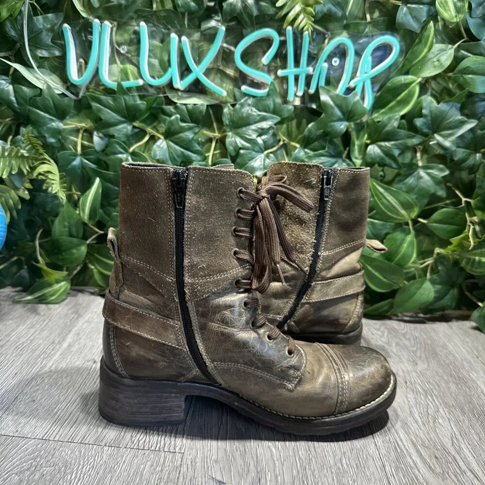 Taos Crave Gray Distressed Genuine Leather Lace Up Combat Boots Size 38 7-7.5